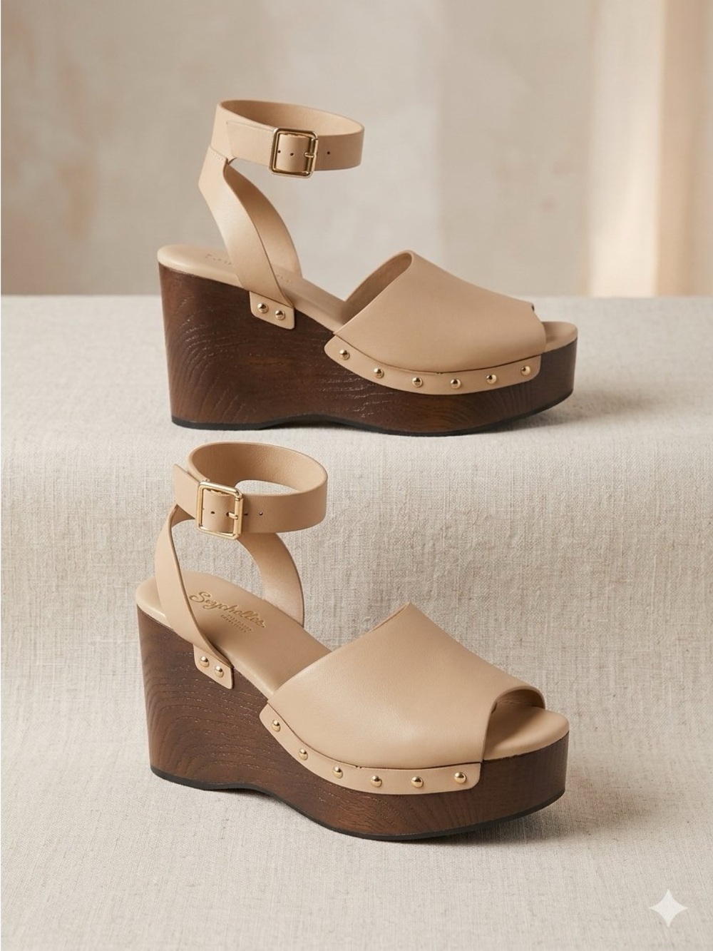 Seychelles Beige Ankle-Strap Platform Wedges